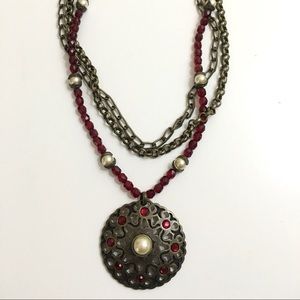 Ruby with Pearl & Antique Brass Pendant Necklace